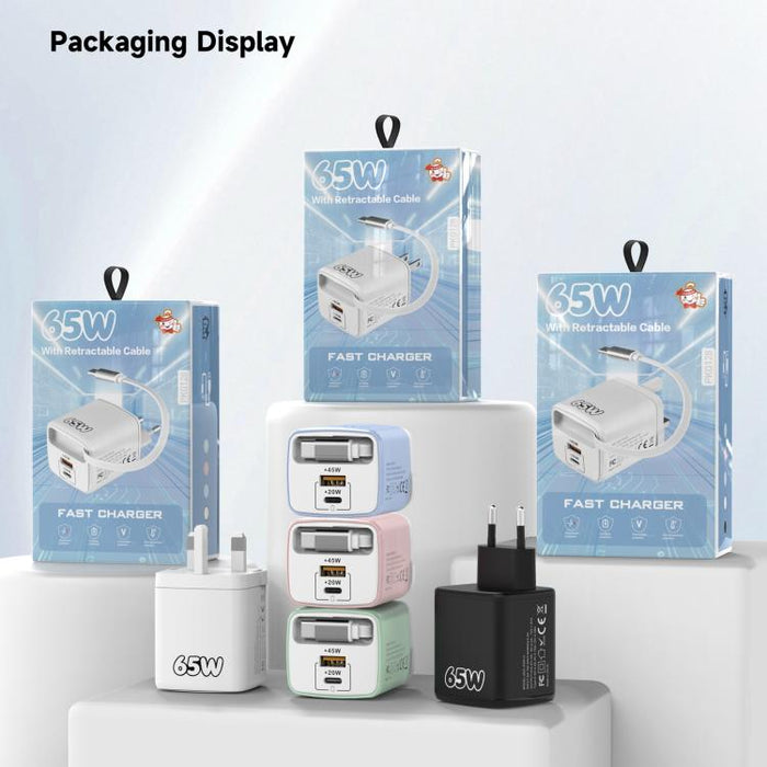 Cargador rápido Sugar Cube de 65 W con doble puerto USB y USB tipo C, con cable retráctil tipo C., EU Plug, US Plug, UK Plug