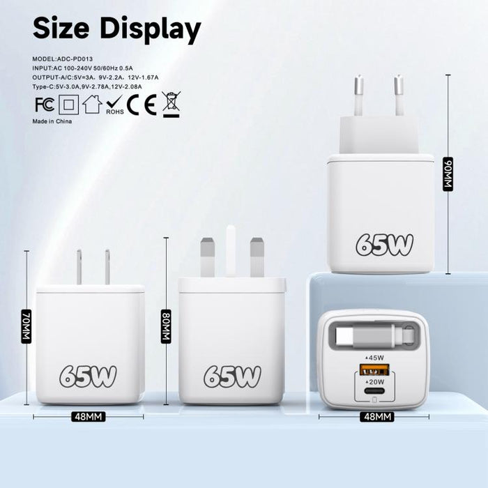 Cargador rápido Sugar Cube de 65 W con doble puerto USB y USB tipo C, con cable retráctil tipo C., EU Plug, US Plug, UK Plug