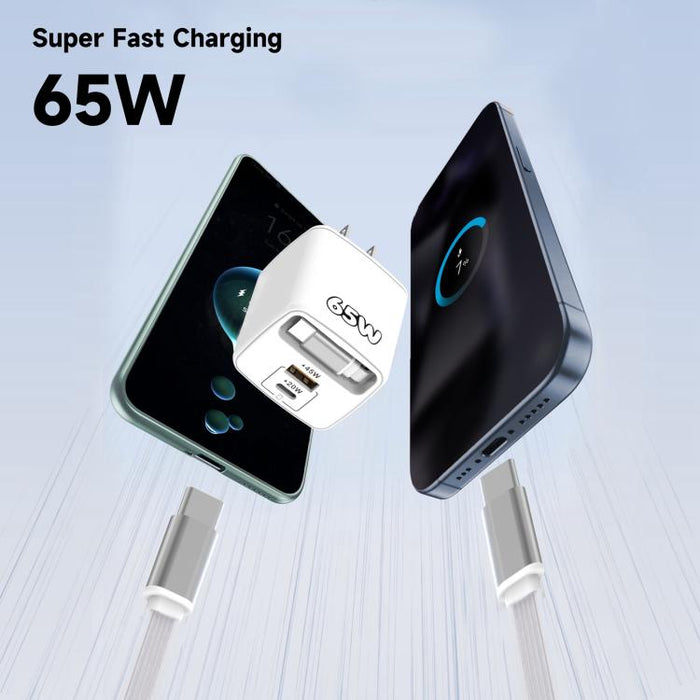 Cargador rápido Sugar Cube de 65 W con doble puerto USB y USB tipo C, con cable retráctil tipo C., EU Plug, US Plug, UK Plug