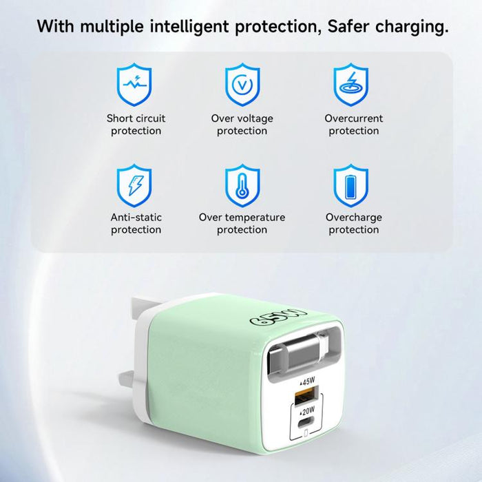 Cargador rápido Sugar Cube de 65 W con doble puerto USB y USB tipo C, con cable retráctil tipo C., EU Plug, US Plug, UK Plug