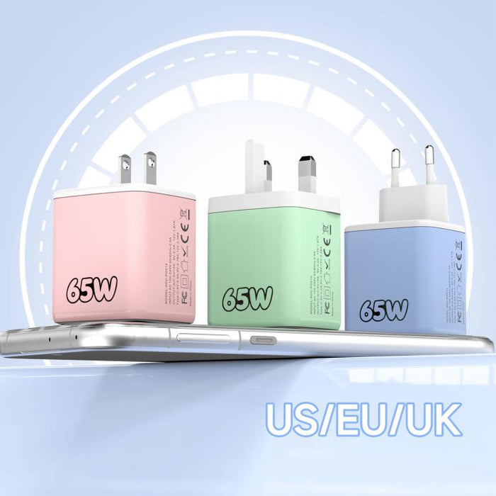 Cargador rápido Sugar Cube de 65 W con doble puerto USB y USB tipo C, con cable retráctil tipo C., EU Plug, US Plug, UK Plug