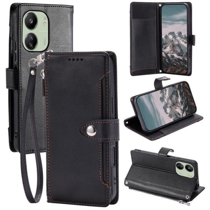 Funda para teléfono de piel vegana con cremallera y hebilla, textura de lichi, con correa para la muñeca., For Redmi Note 15 5G / 4G Global 164mm, For Redmi Note 15 Pro 5G Global 163.6mm, For Redmi Note 14 4G 164.84mm, For Redmi Note 14 Pro 4G Global  ...