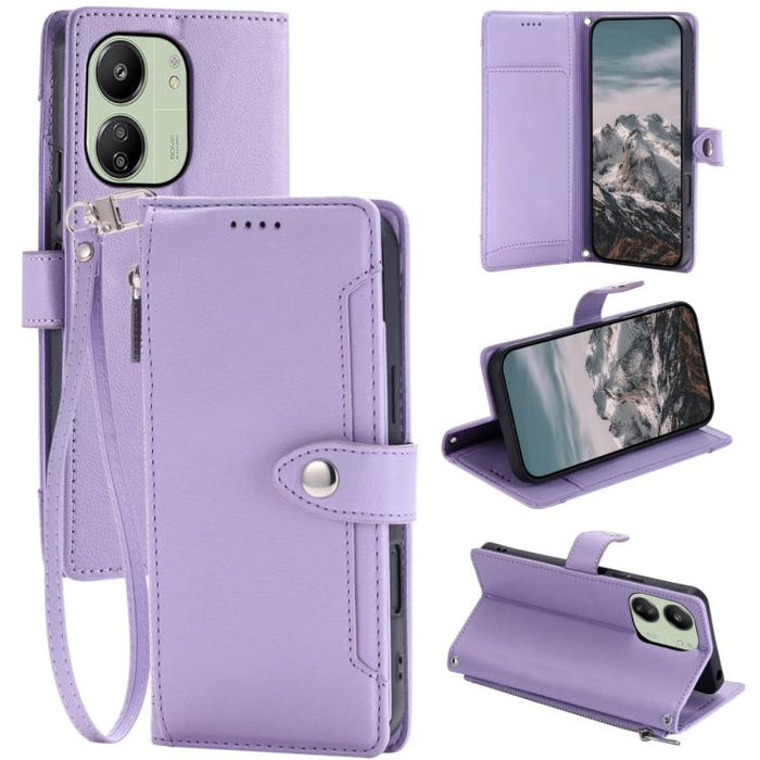 Funda para teléfono de piel vegana con cremallera y hebilla, textura de lichi, con correa para la muñeca., For Redmi Note 15 5G / 4G Global 164mm, For Redmi Note 15 Pro 5G Global 163.6mm, For Redmi Note 14 4G 164.84mm, For Redmi Note 14 Pro 4G Global  ...