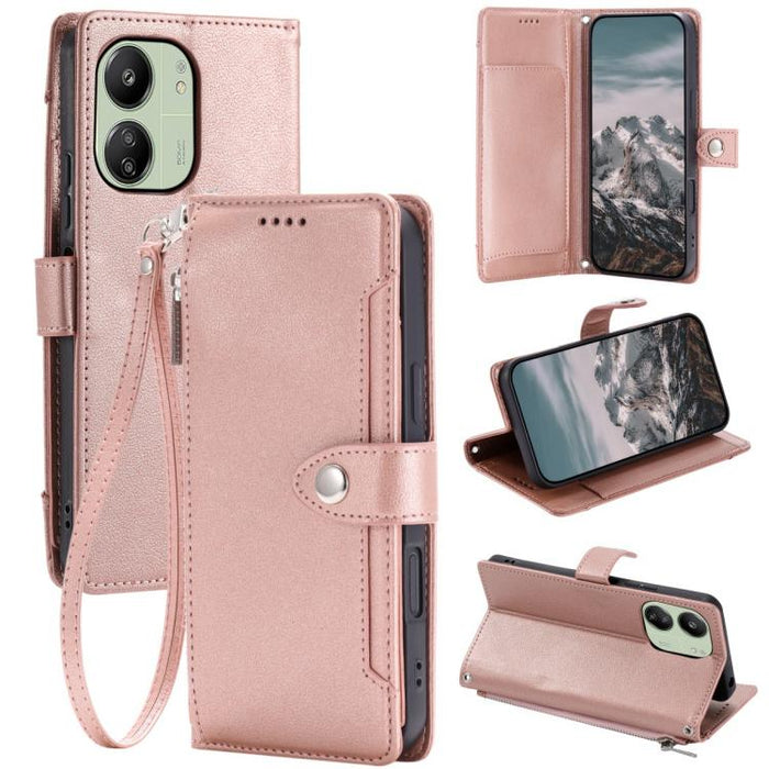 Funda para teléfono de piel vegana con cremallera y hebilla, textura de lichi, con correa para la muñeca., For Redmi Note 15 5G / 4G Global 164mm, For Redmi Note 15 Pro 5G Global 163.6mm, For Redmi Note 14 4G 164.84mm, For Redmi Note 14 Pro 4G Global  ...