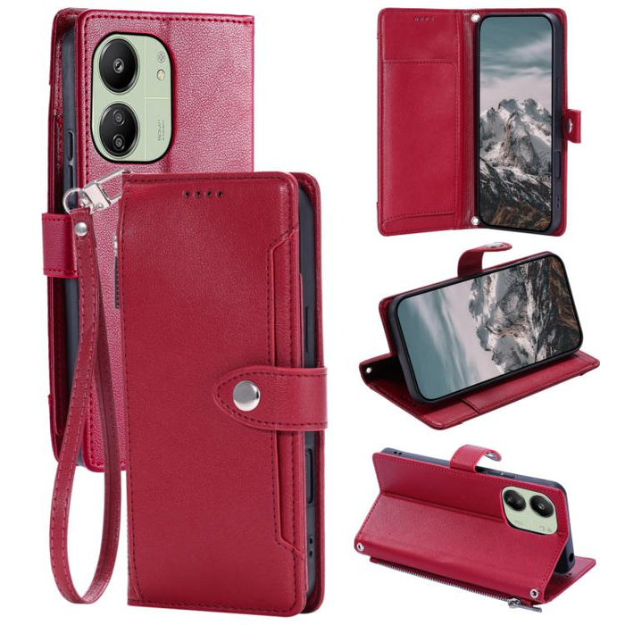 Funda para teléfono de piel vegana con cremallera y hebilla, textura de lichi, con correa para la muñeca., For Redmi Note 15 5G / 4G Global 164mm, For Redmi Note 15 Pro 5G Global 163.6mm, For Redmi Note 14 4G 164.84mm, For Redmi Note 14 Pro 4G Global  ...