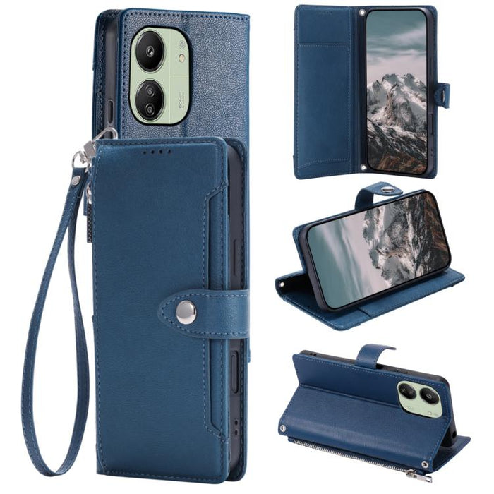 Funda para teléfono de piel vegana con cremallera y hebilla, textura de lichi, con correa para la muñeca., For Redmi Note 15 5G / 4G Global 164mm, For Redmi Note 15 Pro 5G Global 163.6mm, For Redmi Note 14 4G 164.84mm, For Redmi Note 14 Pro 4G Global  ...