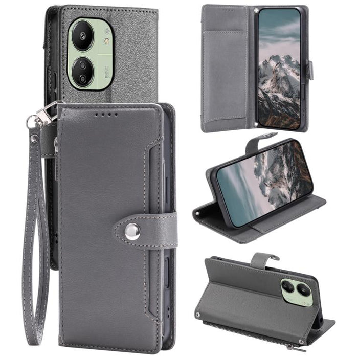 Funda para teléfono de piel vegana con cremallera y hebilla, textura de lichi, con correa para la muñeca., For Redmi Note 15 5G / 4G Global 164mm, For Redmi Note 15 Pro 5G Global 163.6mm, For Redmi Note 14 4G 164.84mm, For Redmi Note 14 Pro 4G Global  ...