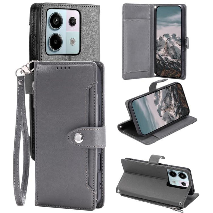 Funda para teléfono de piel vegana con cremallera y hebilla, textura de lichi, con correa para la muñeca., For Redmi Note 15 5G / 4G Global 164mm, For Redmi Note 15 Pro 5G Global 163.6mm, For Redmi Note 14 4G 164.84mm, For Redmi Note 14 Pro 4G Global  ...