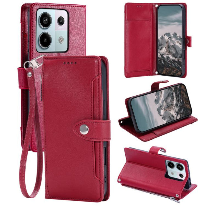 Funda para teléfono de piel vegana con cremallera y hebilla, textura de lichi, con correa para la muñeca., For Redmi Note 15 5G / 4G Global 164mm, For Redmi Note 15 Pro 5G Global 163.6mm, For Redmi Note 14 4G 164.84mm, For Redmi Note 14 Pro 4G Global  ...