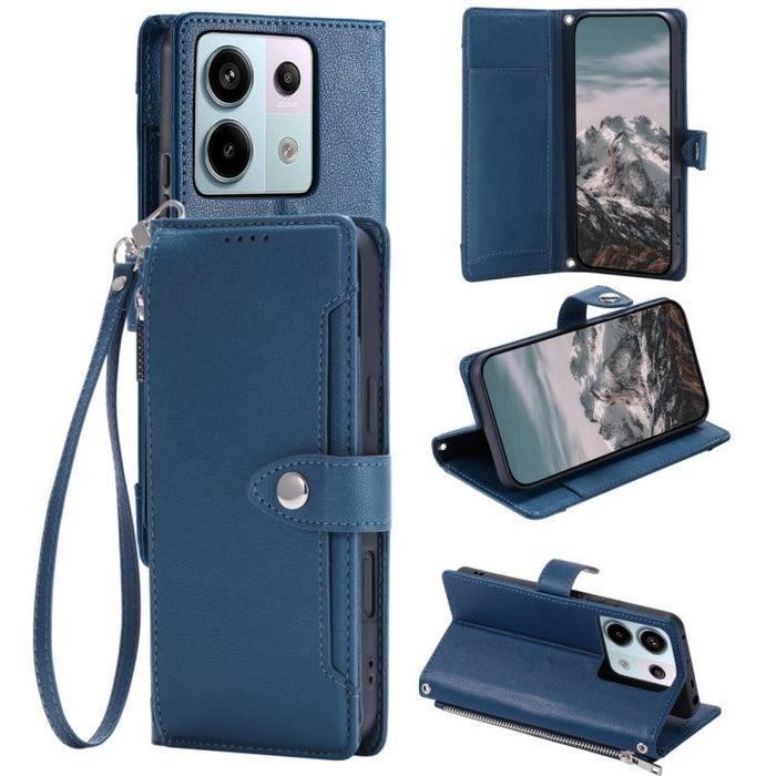 Funda para teléfono de piel vegana con cremallera y hebilla, textura de lichi, con correa para la muñeca., For Redmi Note 15 5G / 4G Global 164mm, For Redmi Note 15 Pro 5G Global 163.6mm, For Redmi Note 14 4G 164.84mm, For Redmi Note 14 Pro 4G Global  ...