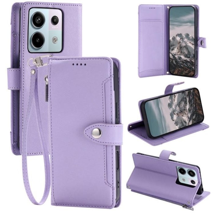 Funda para teléfono de piel vegana con cremallera y hebilla, textura de lichi, con correa para la muñeca., For Redmi Note 15 5G / 4G Global 164mm, For Redmi Note 15 Pro 5G Global 163.6mm, For Redmi Note 14 4G 164.84mm, For Redmi Note 14 Pro 4G Global  ...