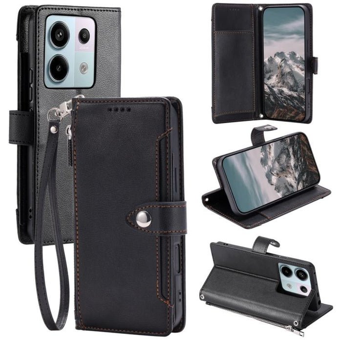 Funda para teléfono de piel vegana con cremallera y hebilla, textura de lichi, con correa para la muñeca., For Redmi Note 15 5G / 4G Global 164mm, For Redmi Note 15 Pro 5G Global 163.6mm, For Redmi Note 14 4G 164.84mm, For Redmi Note 14 Pro 4G Global  ...