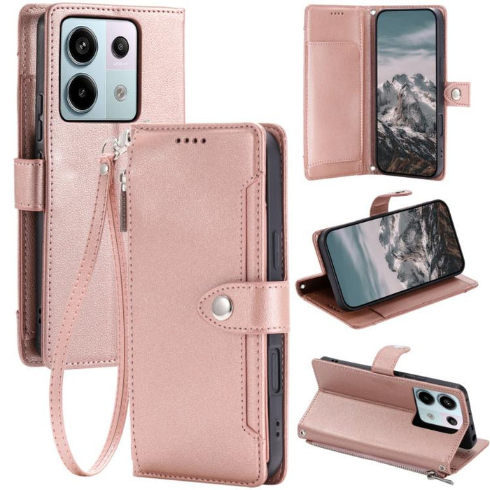 Funda para teléfono de piel vegana con cremallera y hebilla, textura de lichi, con correa para la muñeca., For Redmi Note 15 5G / 4G Global 164mm, For Redmi Note 15 Pro 5G Global 163.6mm, For Redmi Note 14 4G 164.84mm, For Redmi Note 14 Pro 4G Global  ...
