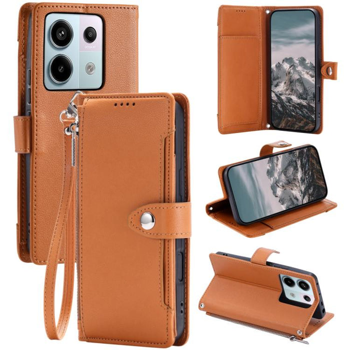 Funda para teléfono de piel vegana con cremallera y hebilla, textura de lichi, con correa para la muñeca., For Redmi Note 15 5G / 4G Global 164mm, For Redmi Note 15 Pro 5G Global 163.6mm, For Redmi Note 14 4G 164.84mm, For Redmi Note 14 Pro 4G Global  ...