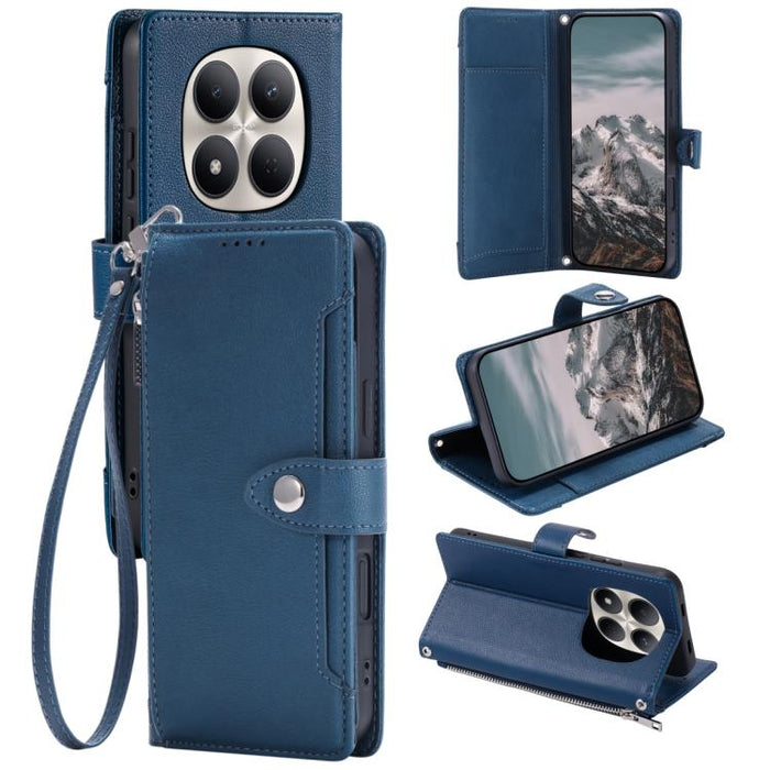 Funda para teléfono de piel vegana con cremallera y hebilla, textura de lichi, con correa para la muñeca., For Redmi Note 15 5G / 4G Global 164mm, For Redmi Note 15 Pro 5G Global 163.6mm, For Redmi Note 14 4G 164.84mm, For Redmi Note 14 Pro 4G Global  ...