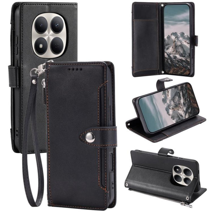 Funda para teléfono de piel vegana con cremallera y hebilla, textura de lichi, con correa para la muñeca., For Redmi Note 15 5G / 4G Global 164mm, For Redmi Note 15 Pro 5G Global 163.6mm, For Redmi Note 14 4G 164.84mm, For Redmi Note 14 Pro 4G Global  ...