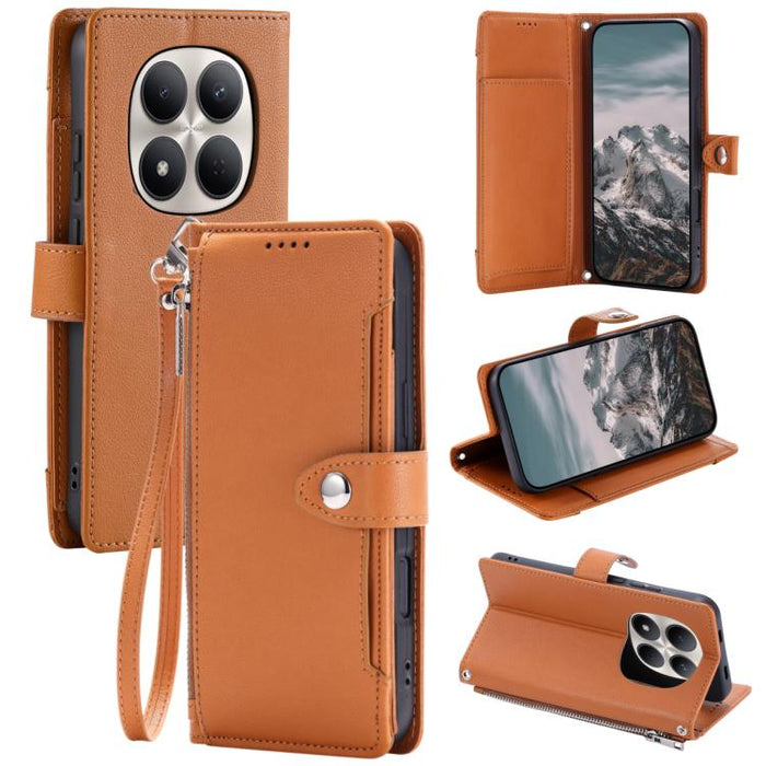 Funda para teléfono de piel vegana con cremallera y hebilla, textura de lichi, con correa para la muñeca., For Redmi Note 15 5G / 4G Global 164mm, For Redmi Note 15 Pro 5G Global 163.6mm, For Redmi Note 14 4G 164.84mm, For Redmi Note 14 Pro 4G Global  ...
