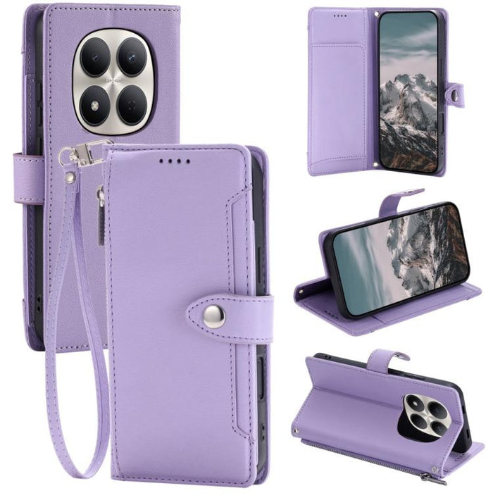 Funda para teléfono de piel vegana con cremallera y hebilla, textura de lichi, con correa para la muñeca., For Redmi Note 15 5G / 4G Global 164mm, For Redmi Note 15 Pro 5G Global 163.6mm, For Redmi Note 14 4G 164.84mm, For Redmi Note 14 Pro 4G Global  ...