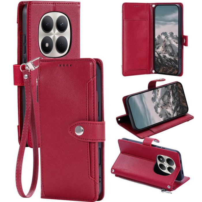 Funda para teléfono de piel vegana con cremallera y hebilla, textura de lichi, con correa para la muñeca., For Redmi Note 15 5G / 4G Global 164mm, For Redmi Note 15 Pro 5G Global 163.6mm, For Redmi Note 14 4G 164.84mm, For Redmi Note 14 Pro 4G Global  ...