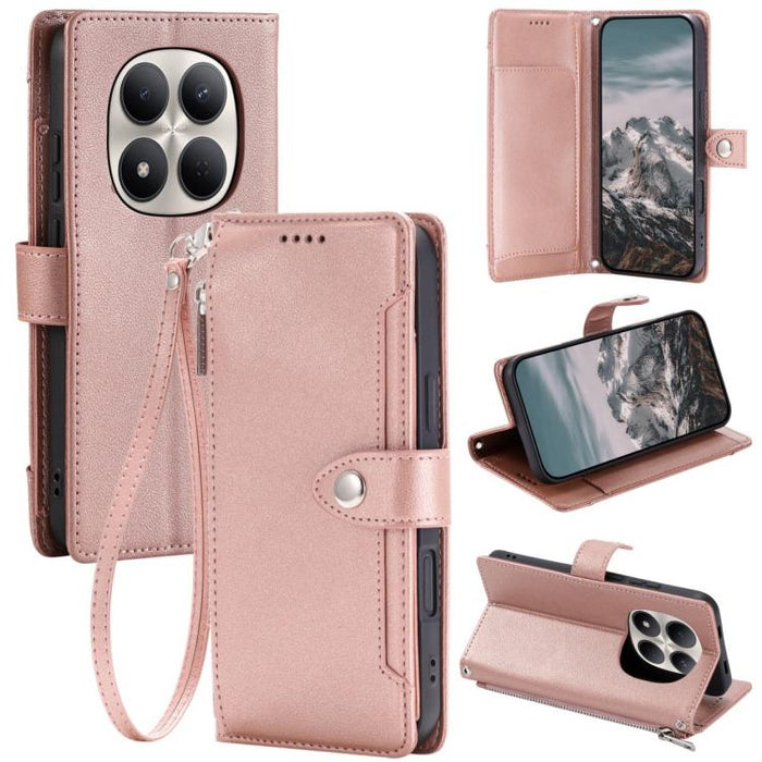 Funda para teléfono de piel vegana con cremallera y hebilla, textura de lichi, con correa para la muñeca., For Redmi Note 15 5G / 4G Global 164mm, For Redmi Note 15 Pro 5G Global 163.6mm, For Redmi Note 14 4G 164.84mm, For Redmi Note 14 Pro 4G Global  ...