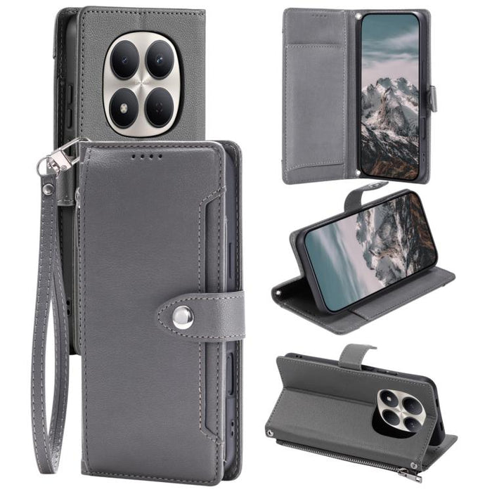 Funda para teléfono de piel vegana con cremallera y hebilla, textura de lichi, con correa para la muñeca., For Redmi Note 15 5G / 4G Global 164mm, For Redmi Note 15 Pro 5G Global 163.6mm, For Redmi Note 14 4G 164.84mm, For Redmi Note 14 Pro 4G Global  ...