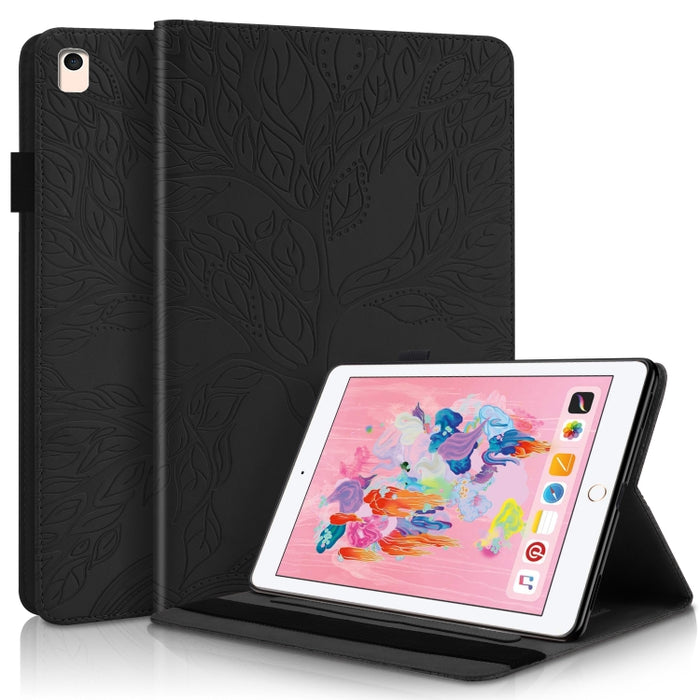 Estuche de cuero con tapa horizontal de la serie Life Tree con soporte y ranuras para tarjetas y ranura para bolígrafo y función de suspensión / activación