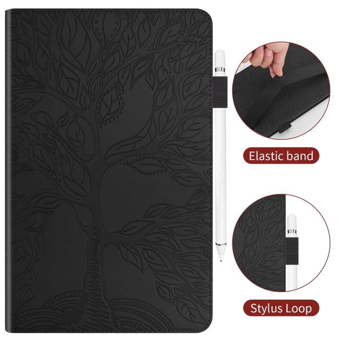 Estuche de cuero con tapa horizontal de la serie Life Tree con soporte y ranuras para tarjetas y ranura para bolígrafo y función de suspensión / activación