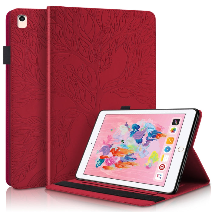 Estuche de cuero con tapa horizontal de la serie Life Tree con soporte y ranuras para tarjetas y ranura para bolígrafo y función de suspensión / activación