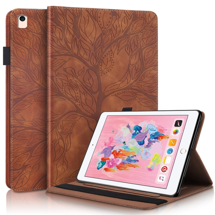 Estuche de cuero con tapa horizontal de la serie Life Tree con soporte y ranuras para tarjetas y ranura para bolígrafo y función de suspensión / activación