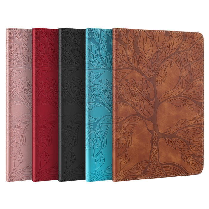 Estuche de cuero con tapa horizontal de la serie Life Tree con soporte y ranuras para tarjetas y ranura para bolígrafo y función de suspensión / activación
