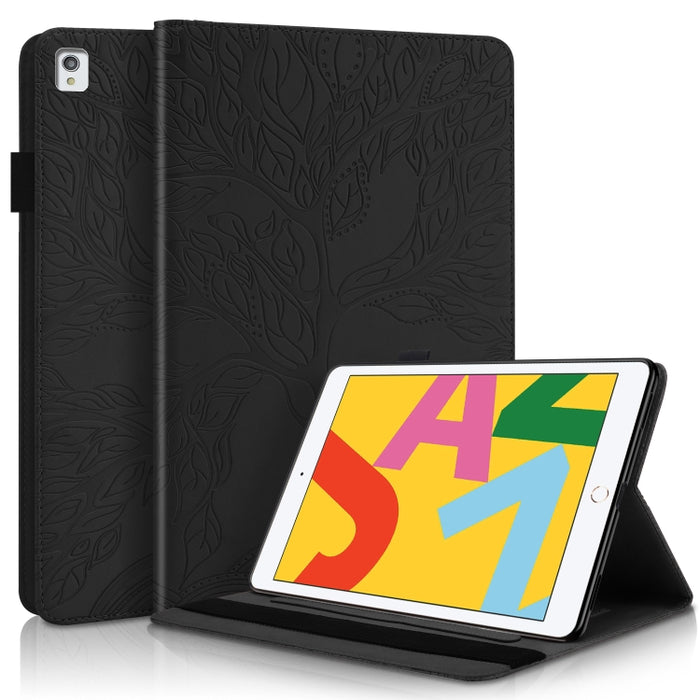 Estuche de cuero con tapa horizontal de la serie Life Tree con soporte y ranuras para tarjetas y ranura para bolígrafo y función de suspensión / activación