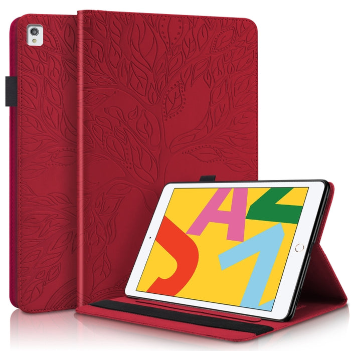 Estuche de cuero con tapa horizontal de la serie Life Tree con soporte y ranuras para tarjetas y ranura para bolígrafo y función de suspensión / activación
