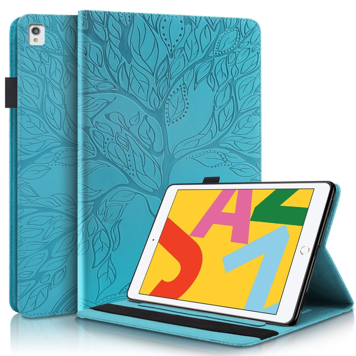 Estuche de cuero con tapa horizontal de la serie Life Tree con soporte y ranuras para tarjetas y ranura para bolígrafo y función de suspensión / activación