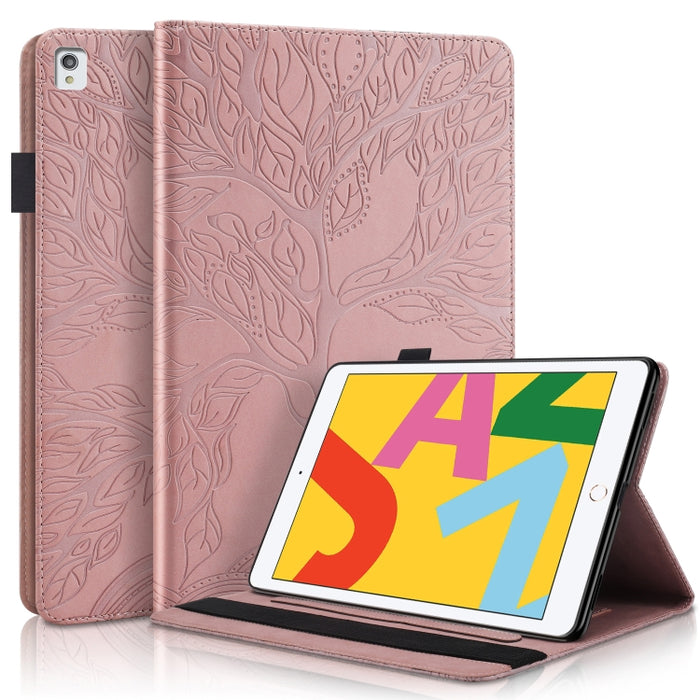Estuche de cuero con tapa horizontal de la serie Life Tree con soporte y ranuras para tarjetas y ranura para bolígrafo y función de suspensión / activación