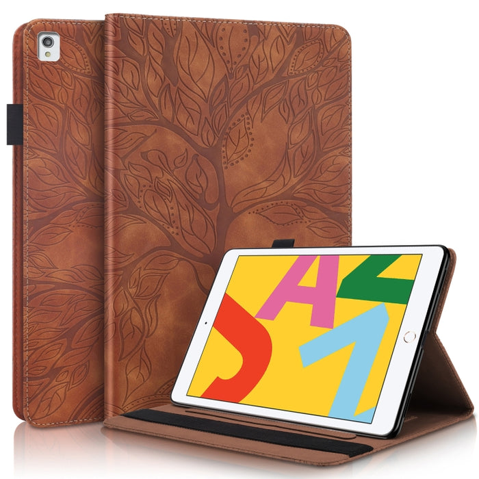 Estuche de cuero con tapa horizontal de la serie Life Tree con soporte y ranuras para tarjetas y ranura para bolígrafo y función de suspensión / activación