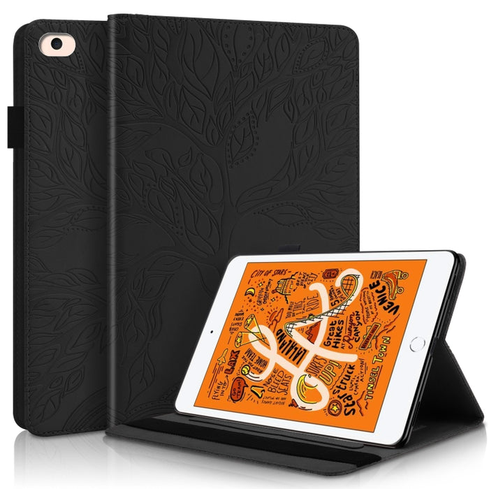 Estuche de cuero con tapa horizontal de la serie Life Tree con soporte y ranuras para tarjetas y ranura para bolígrafo y función de suspensión / activación