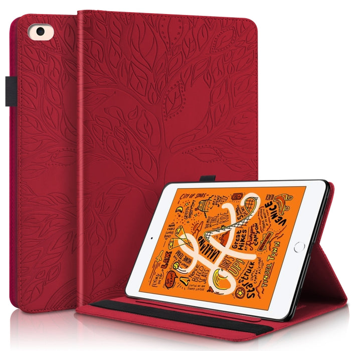 Estuche de cuero con tapa horizontal de la serie Life Tree con soporte y ranuras para tarjetas y ranura para bolígrafo y función de suspensión / activación