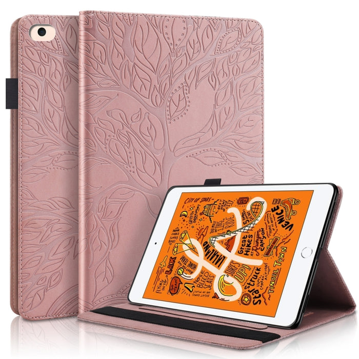 Estuche de cuero con tapa horizontal de la serie Life Tree con soporte y ranuras para tarjetas y ranura para bolígrafo y función de suspensión / activación