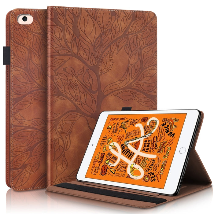 Estuche de cuero con tapa horizontal de la serie Life Tree con soporte y ranuras para tarjetas y ranura para bolígrafo y función de suspensión / activación