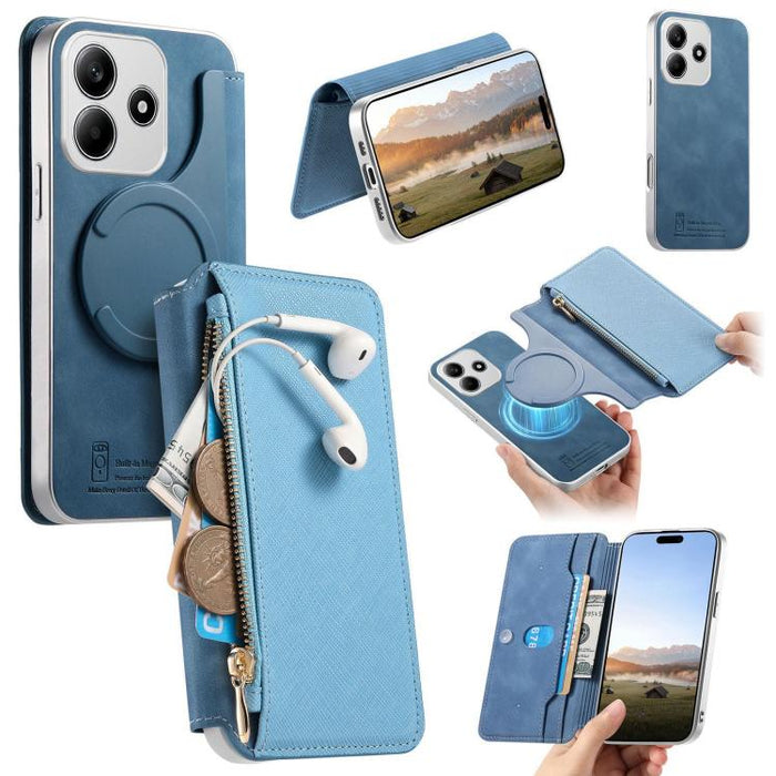 Funda para teléfono CaseNeo Precision Hole con cierre magnético y borde plateado, fabricada en piel vegana de grano cruzado., For Redmi Turbo 4 Pro, For Redmi Turbo 4, For Redmi Note 14 5G