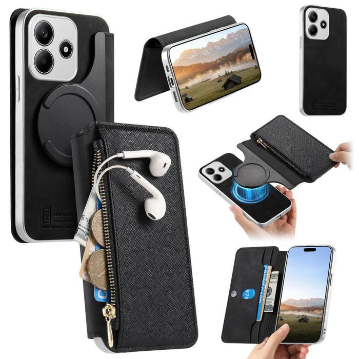 Funda para teléfono CaseNeo Precision Hole con cierre magnético y borde plateado, fabricada en piel vegana de grano cruzado., For Redmi Turbo 4 Pro, For Redmi Turbo 4, For Redmi Note 14 5G