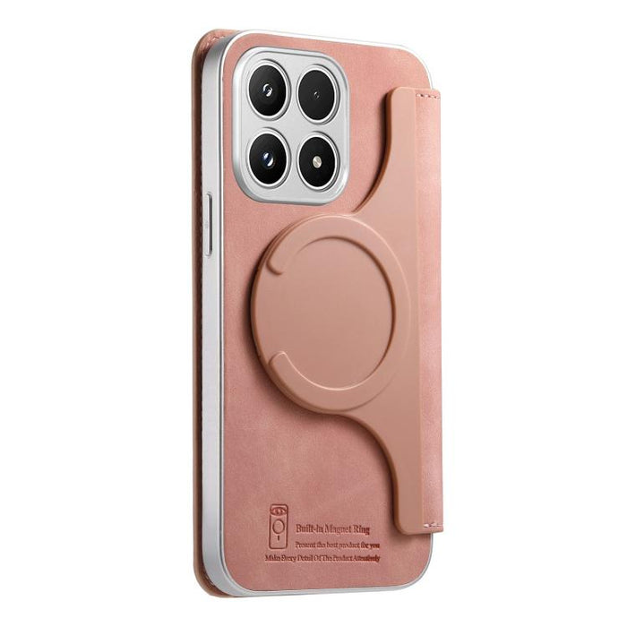 Funda para teléfono CaseNeo Precision Hole con cierre magnético y borde plateado, fabricada en piel vegana de grano cruzado., For Xiaomi 17