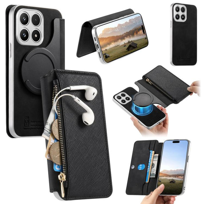 Funda para teléfono CaseNeo Precision Hole con cierre magnético y borde plateado, fabricada en piel vegana de grano cruzado., For Xiaomi 17