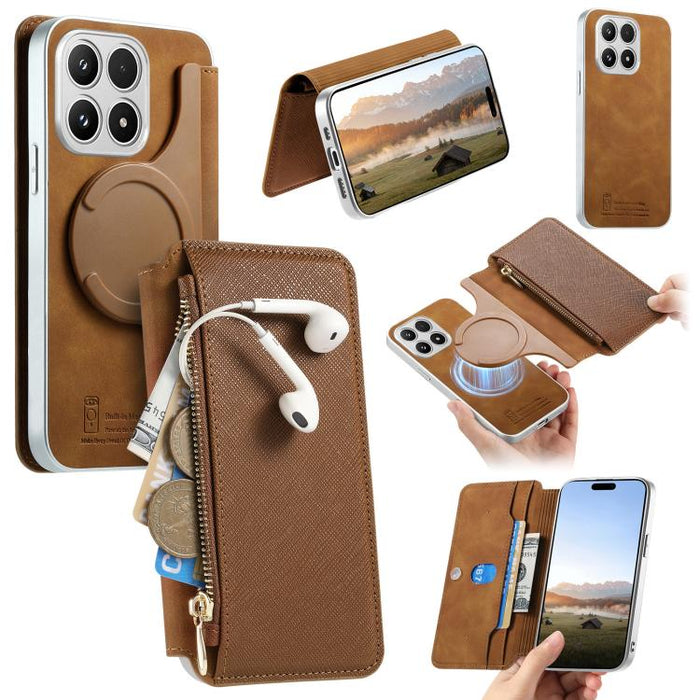 Funda para teléfono CaseNeo Precision Hole con cierre magnético y borde plateado, fabricada en piel vegana de grano cruzado., For Xiaomi 17