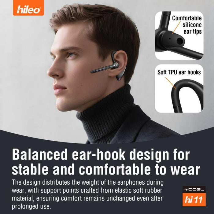 Auriculares intrauditivos inalámbricos Hileo Hi11 con gancho para un solo oído, llamadas manos libres y reducción de ruido.