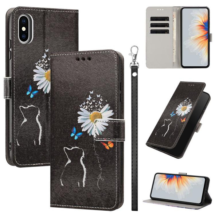 Funda para teléfono de piel vegana con estampado pintado y correa., For iPhone 11 Pro, For iPhone X / XS, For iPhone XR, For iPhone XS Max, For iPhone 6 Plus / 7 Plus / 8 Plus