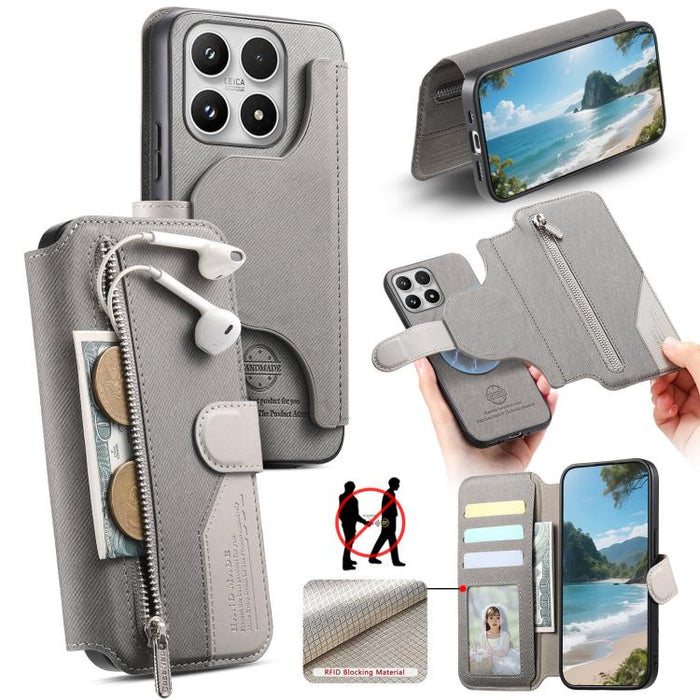 Funda de cuero para teléfono con cremallera, diseño de sarga, MagSafe RFID y protección antirrobo., For Xiaomi 17 Pro Max, For Xiaomi 15T Pro 5G, For Xiaomi 15T 5G, For Xiaomi Poco X7 Pro, For Xiaomi 15 Pro, For Xiaomi 15