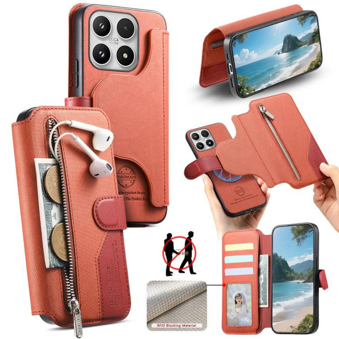 Funda de cuero para teléfono con cremallera, diseño de sarga, MagSafe RFID y protección antirrobo., For Xiaomi 17 Pro Max, For Xiaomi 15T Pro 5G, For Xiaomi 15T 5G, For Xiaomi Poco X7 Pro, For Xiaomi 15 Pro, For Xiaomi 15