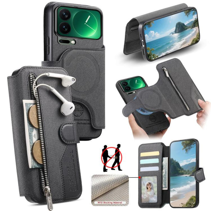 Funda de cuero para teléfono con cremallera, diseño de sarga, MagSafe RFID y protección antirrobo., For Xiaomi 17 Pro Max, For Xiaomi 15T Pro 5G, For Xiaomi 15T 5G, For Xiaomi Poco X7 Pro, For Xiaomi 15 Pro, For Xiaomi 15