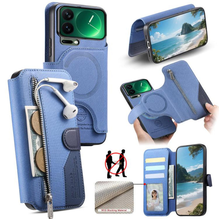 Funda de cuero para teléfono con cremallera, diseño de sarga, MagSafe RFID y protección antirrobo., For Xiaomi 17 Pro Max, For Xiaomi 15T Pro 5G, For Xiaomi 15T 5G, For Xiaomi Poco X7 Pro, For Xiaomi 15 Pro, For Xiaomi 15